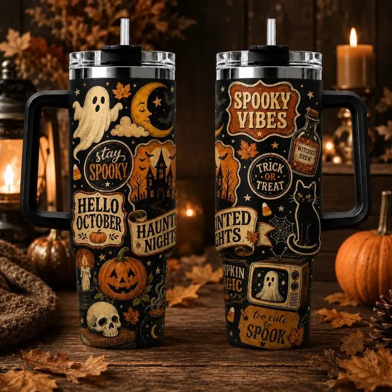 Halloween Tumbler, Spooky Vibes Travel Cup, Vintage Ghost Pumpkin Black Cat Coffee Tumbler, Cute October Gift, 40oz Tumbler