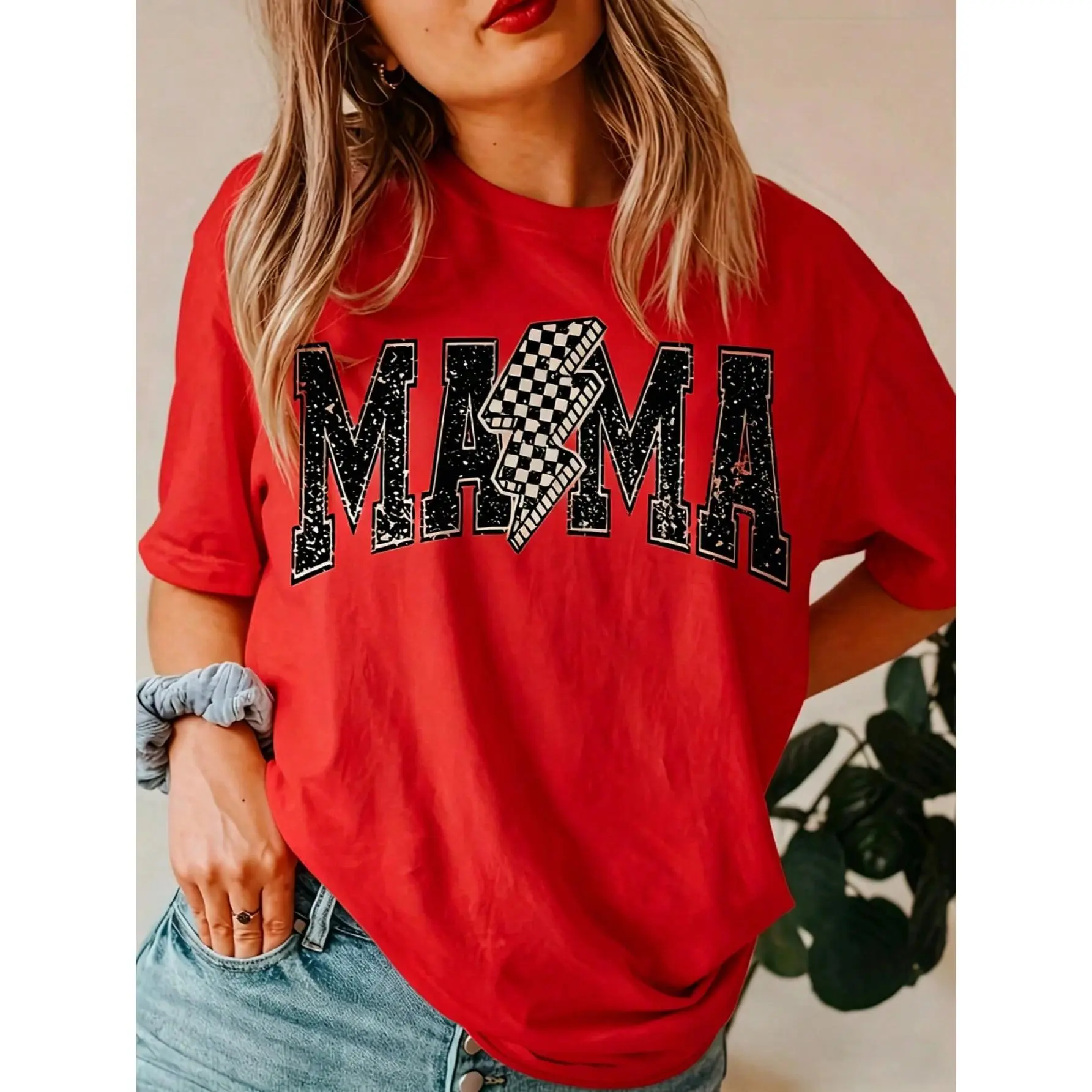 Women's Vintage 'MAMA' Cotton Fabric Short-Sleeve Round Neck Loose Casual T-Shirt, White Letter Print, for Fashionable American Moms, Suitable for Casual Outfits & Maternity Wear, Hand-Washable Essential Piece, Shortsleeve, Fashion Apparel, Women's Clothe