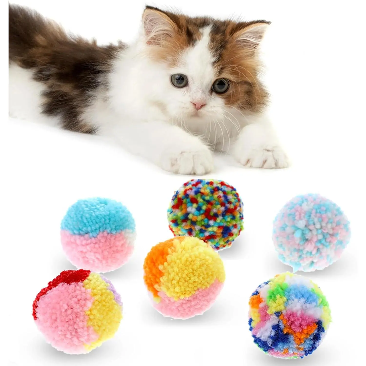 6 count Soft Plush  Ball 2 Inch Rainbow   Balls Colorful Pom Pom Balls Small  Ball Plush Kitty Soft Woolen Yarn Puffs for Indoor Cats Kitten Exercising Playing