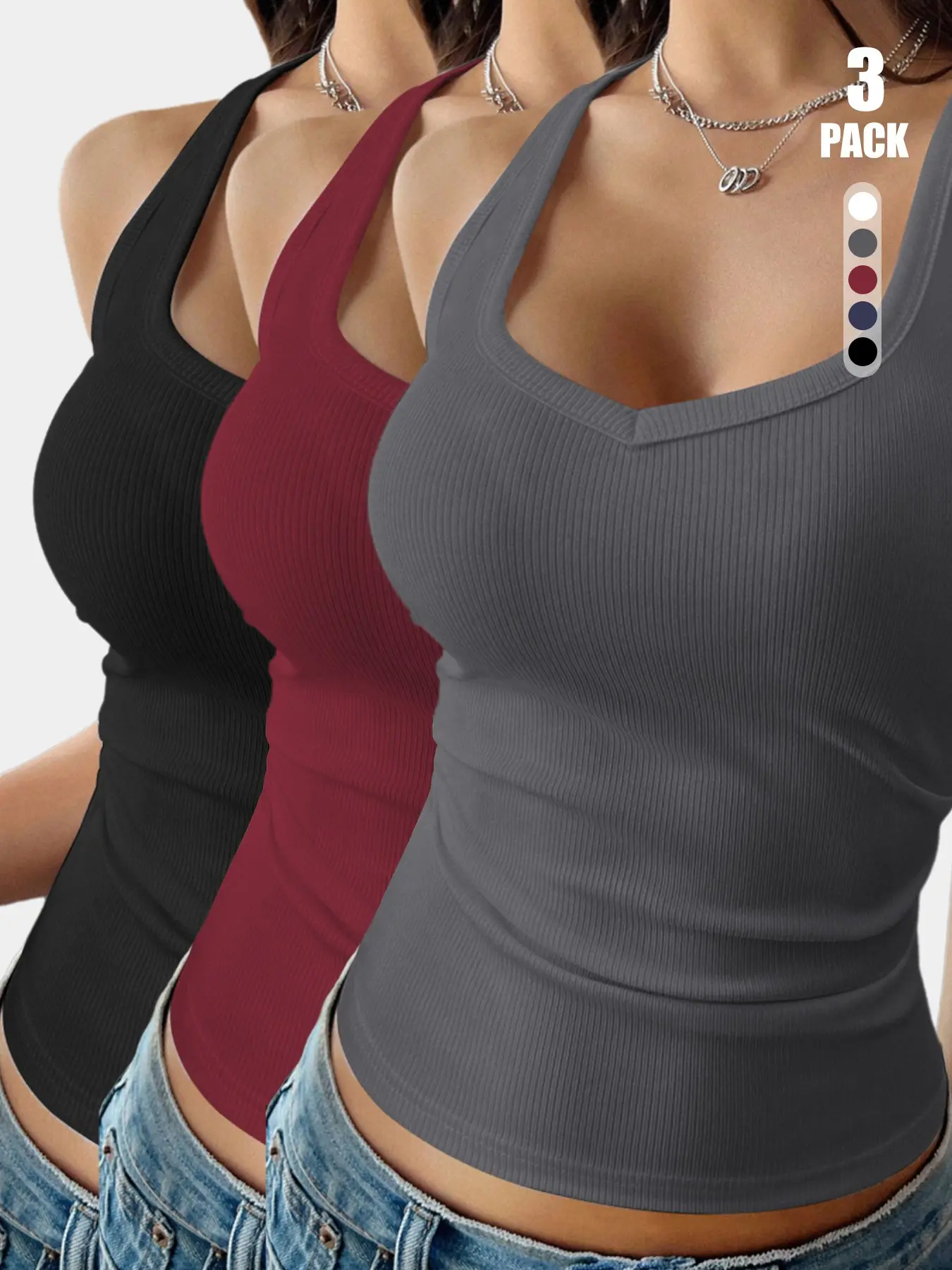 Women 2026 1/2/3 Pack New Arrival Basic Ribbed Fitted Tank Camisole, V Neck Wide Strap Sleeveless Layering Top, Summer Stretch Solid Color Everyday Workout Vest Shirts All Season