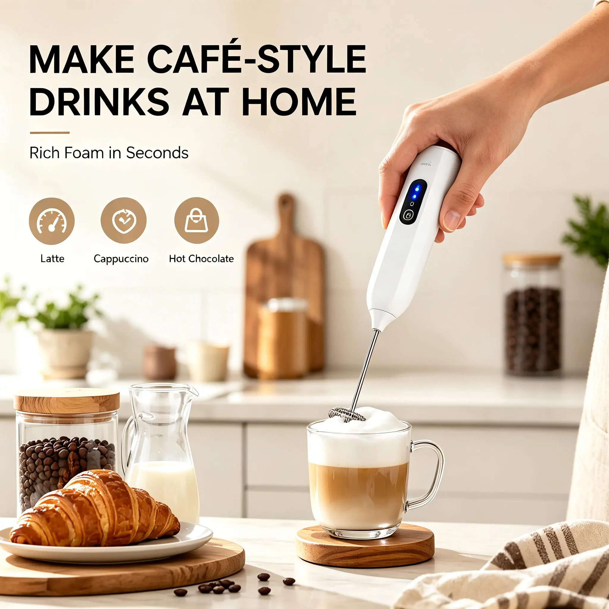 Three adjustable speed modes, low speed for stirring, medium and high speed for thick milk foam