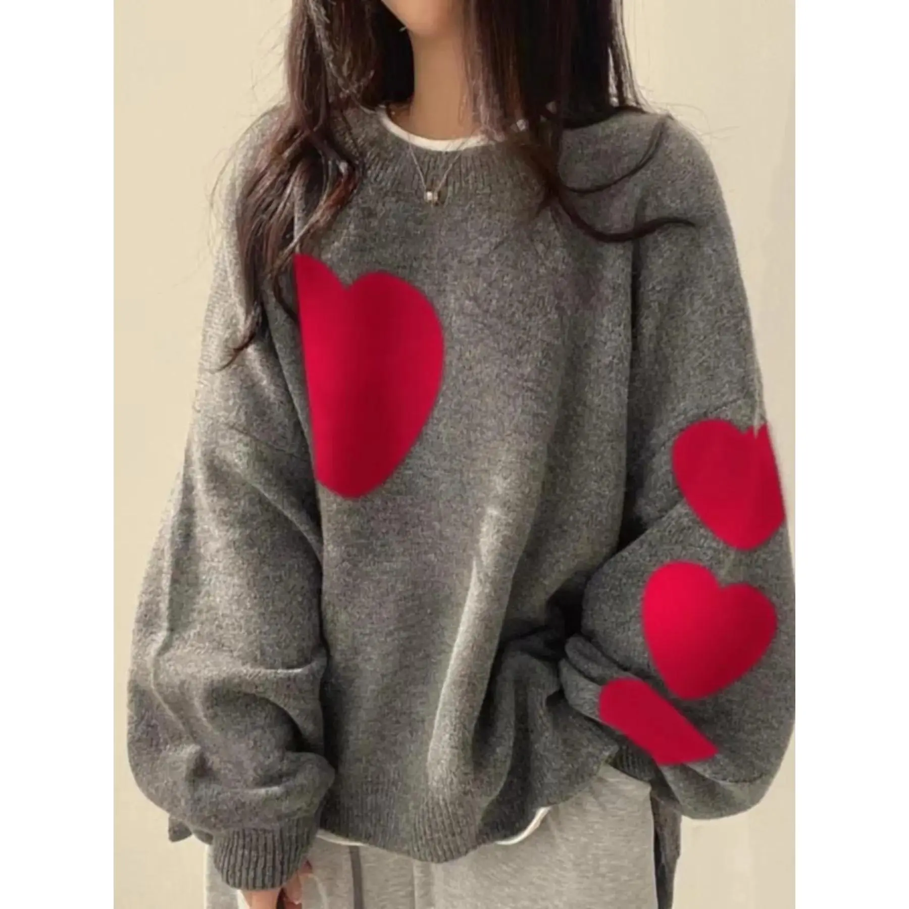 [Plus Size] Colorblock Heart Pattern Crew Neck Sweater, Casual Long Sleeve Pullover Jumper for Daily Outdoor Wear, Women Plus Clothing for Fall & Winter, Sweatshirts, Womenswear