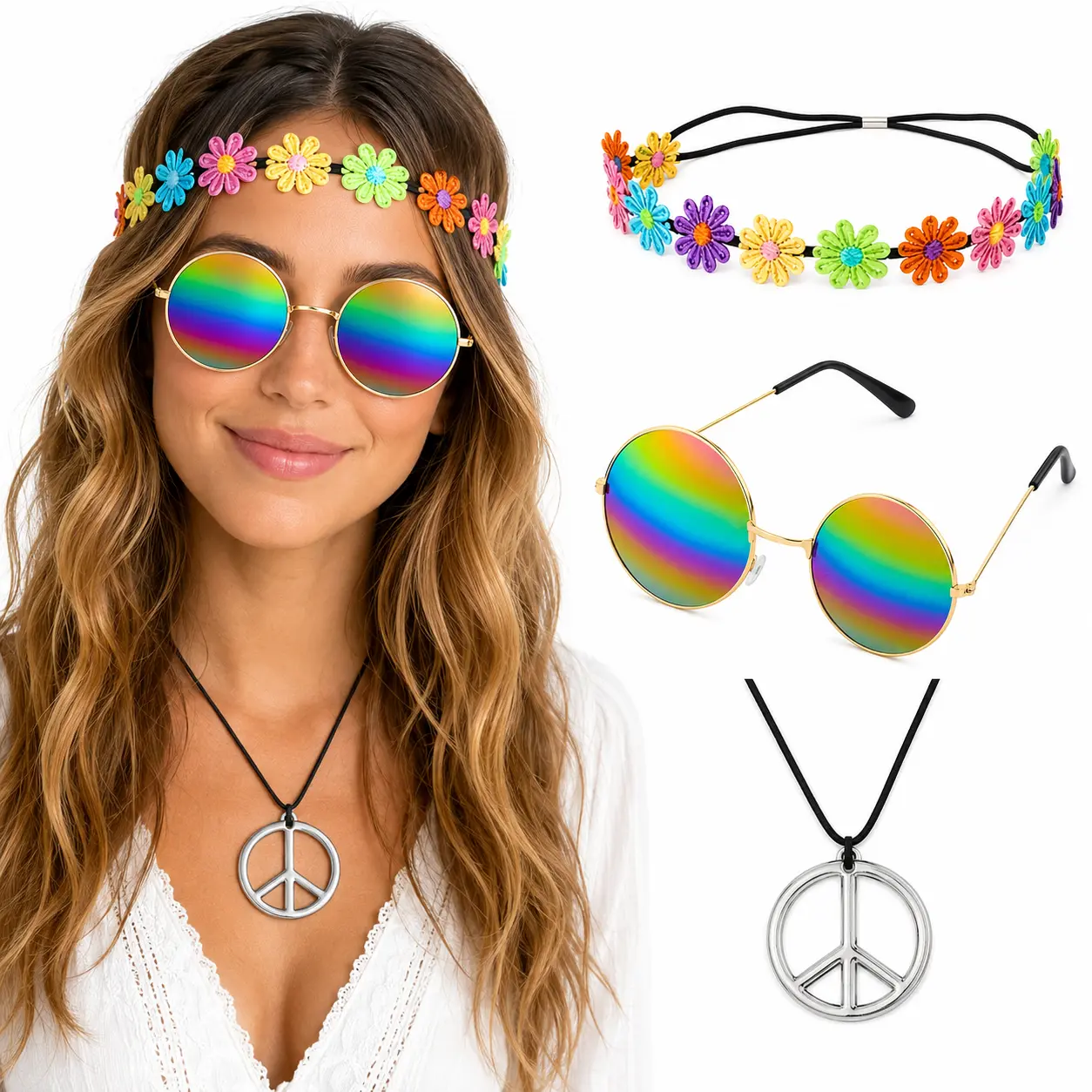 3PCS Rainbow Hippie Costume Accessories Set, Round Sunglasses, Colorful Flower Headband and Peace Sign Necklace for 60s 70s Party