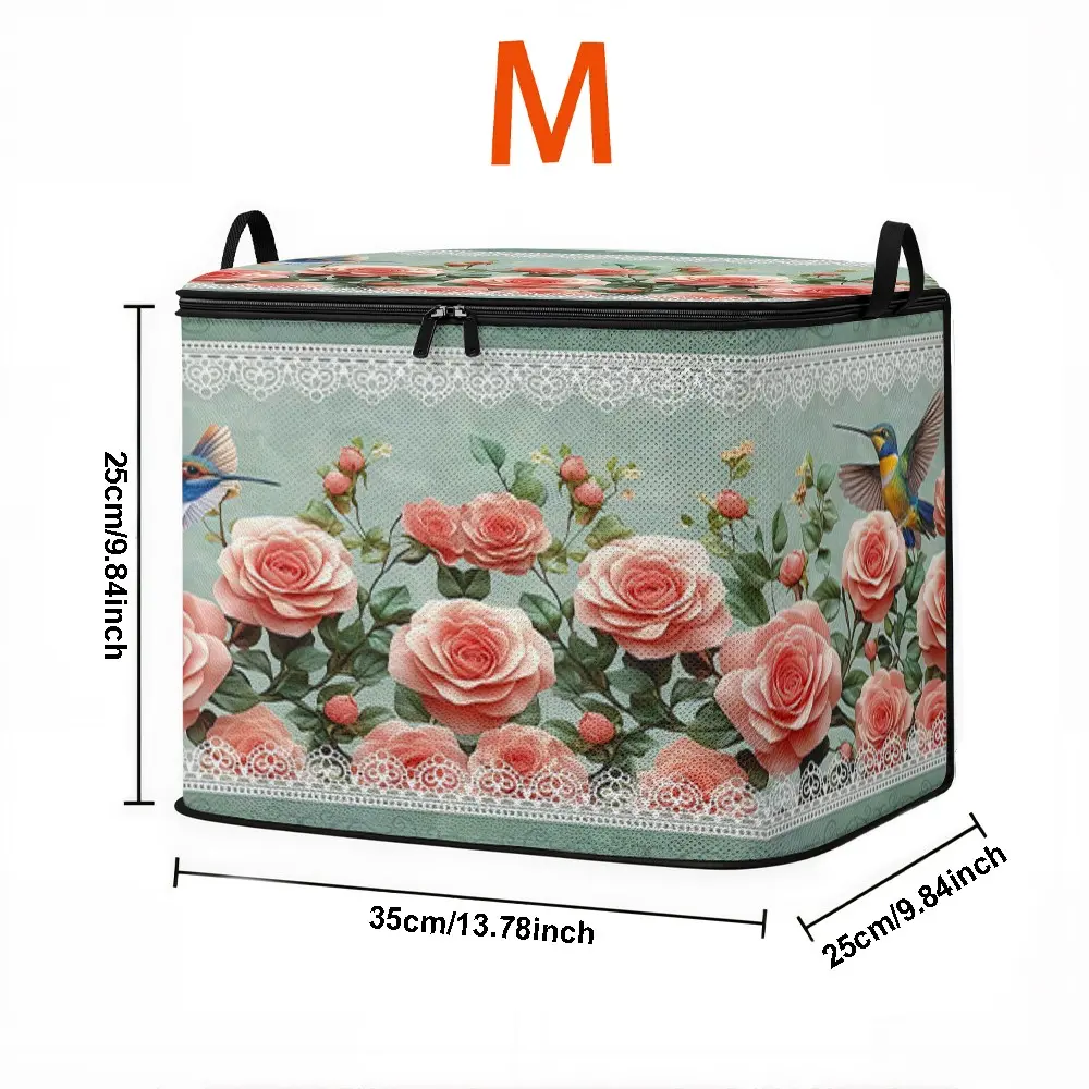 French Vintage Lace Pink Rose Printed Fabric Storage Box, Double-Zipper Waterproof Foldable Storage Bin, Collapsible Storage Bins, Portable Large-Capacity Organizer with Handles and Zipper Lid for Home Use to Store Clothes and Toys
