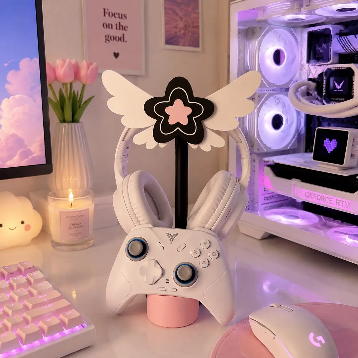 Angel Wing Star Headphone Stand 2 IN 1 Controller Holder Pink Base 3D Printed Kawaii Anime Gaming Desk Decor Cute Y2K Aesthetic PC Setup Gift For Gamer Girls