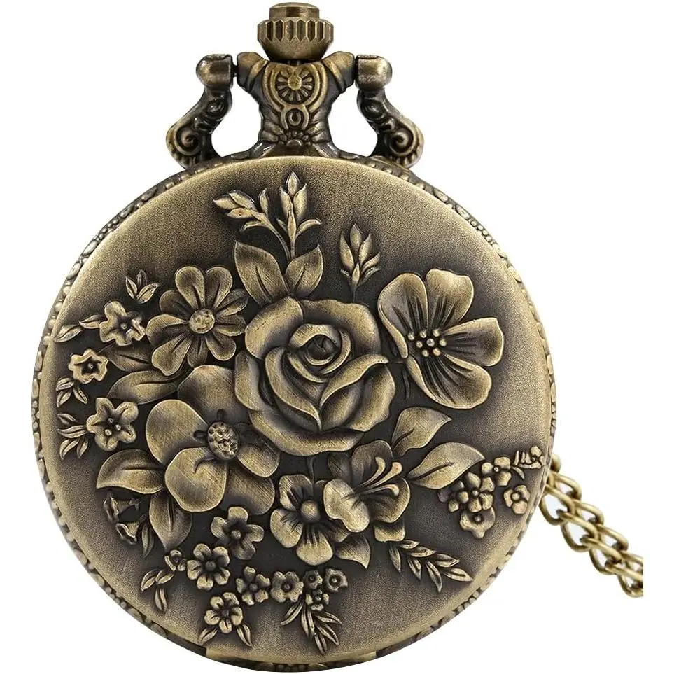 Vintage Pocket Watch with Chain for Men Necklace Watches for Women| Classic retro pendant watch,Unique analog quartz pocketwatch +box, Rose watch for women, Gifts for him her cosplay collector