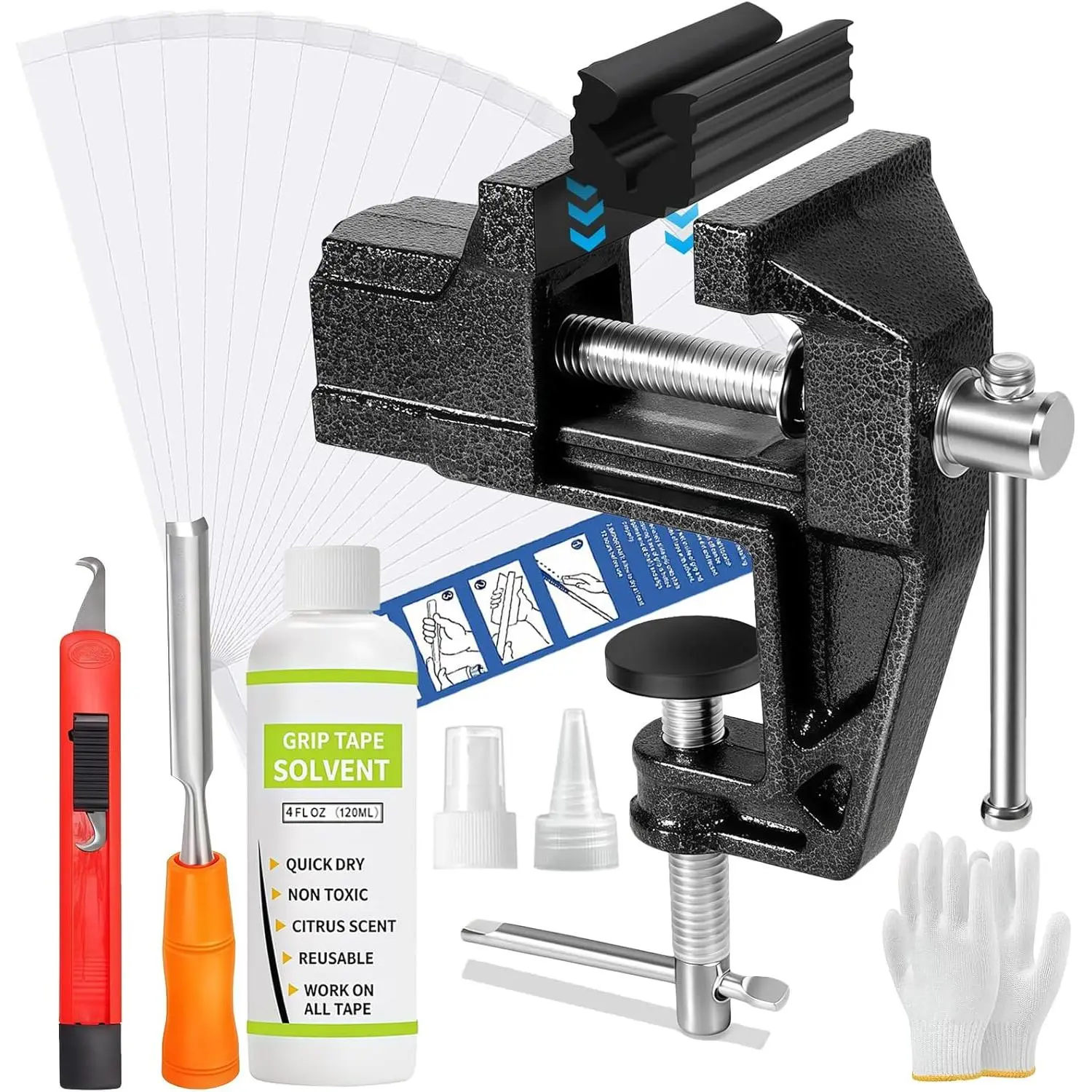 Golf Grip Kit for Regripping Golf Clubs - Include Portable Table Vise Rubber Clamp, 15 Tapes Strips, Golf Grip Removal Tool with Solvent