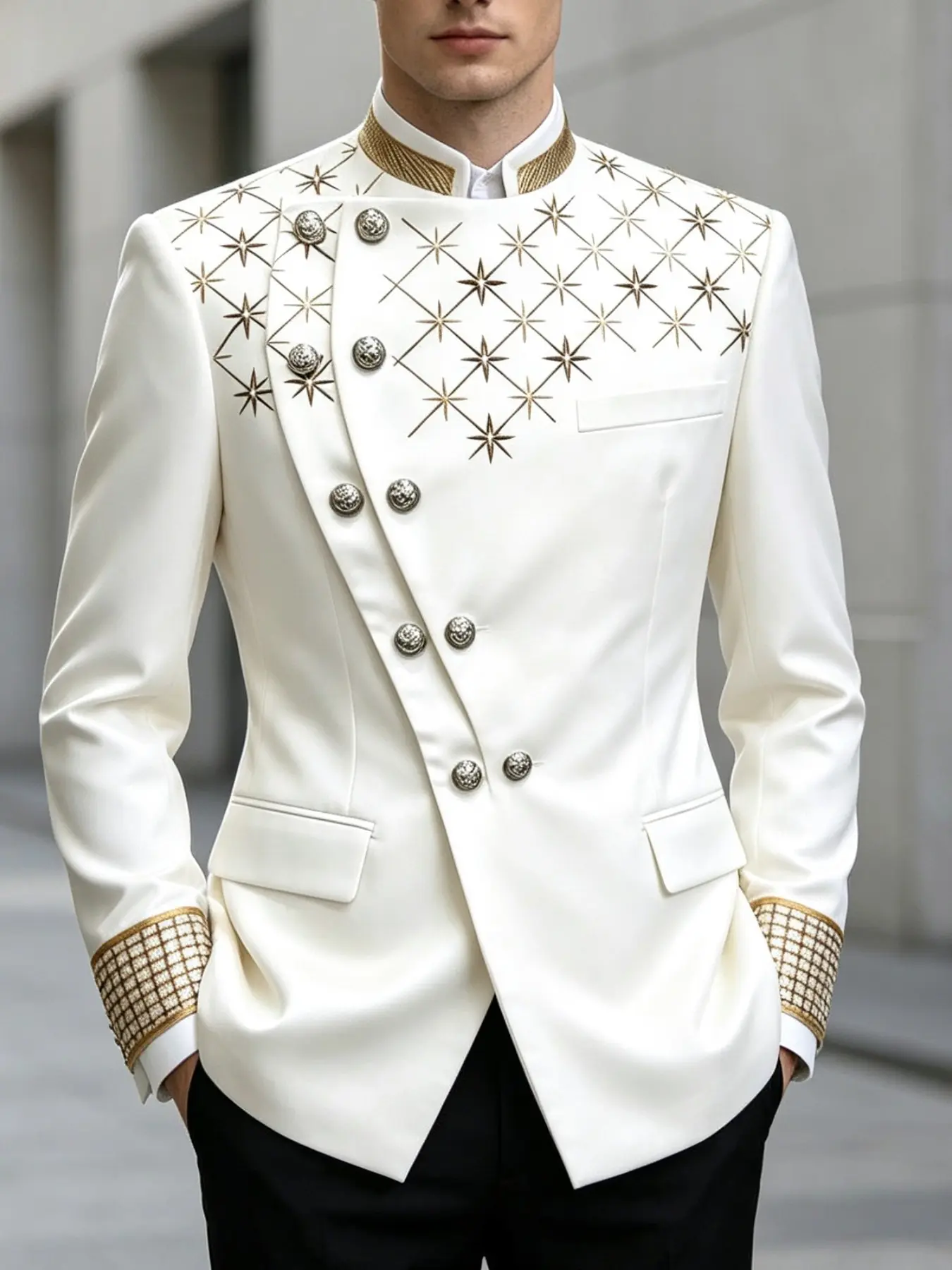 Ainwear Men Stand Collar Blazer Jacket, Asymmetric Button Design, Star Print, Slim Fit, Casual Style, Ideal for Weddings & Parties