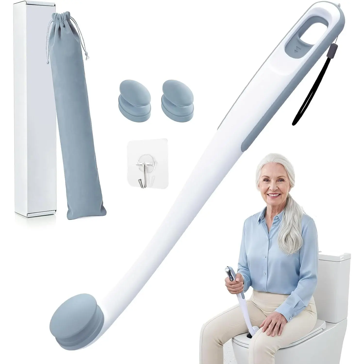 Plastic-Silicone Toilet Wiping Aid, 16.5" Firm Clamp Bottom Buddy Tool with Replaceable Head for Elderly, Surgery Recovery Individuals (Home Supplies Accessory)