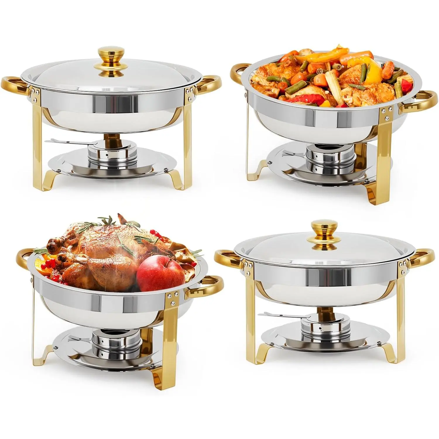 4 Pack Chafing Dishes for Buffet, 5 QT Round Buffet Servers and Food Warmer Set with Lid, Stainless Steel Chafers for Catering Parties Wedding Banquet, Gold