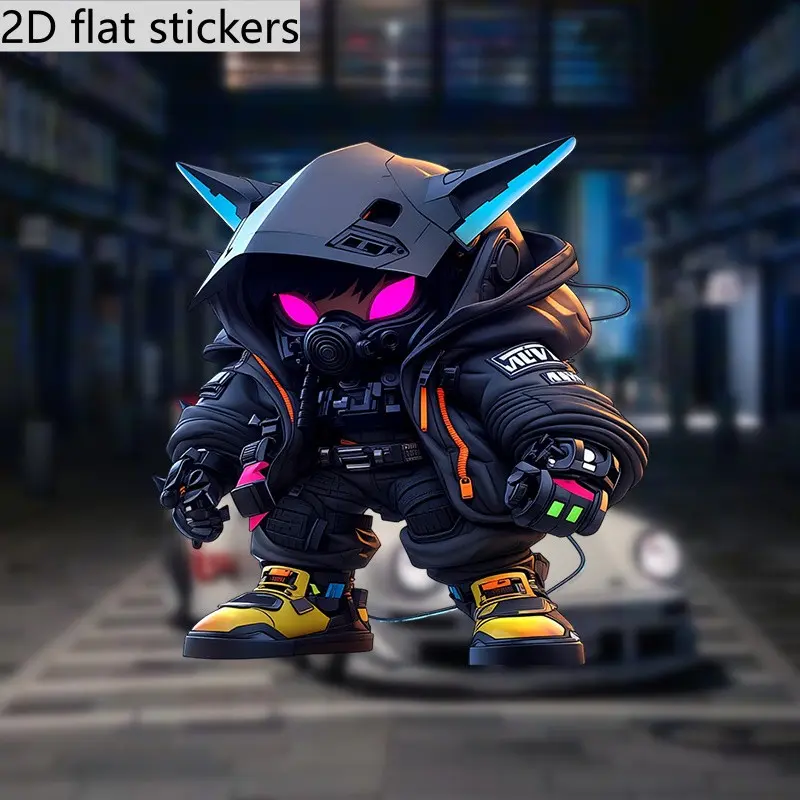 2D flat stickers, featuring futuristic character designs paired with neon elements, are suitable for various applications such as cars and laptops-self-adhesive, single-use, 2D flat style