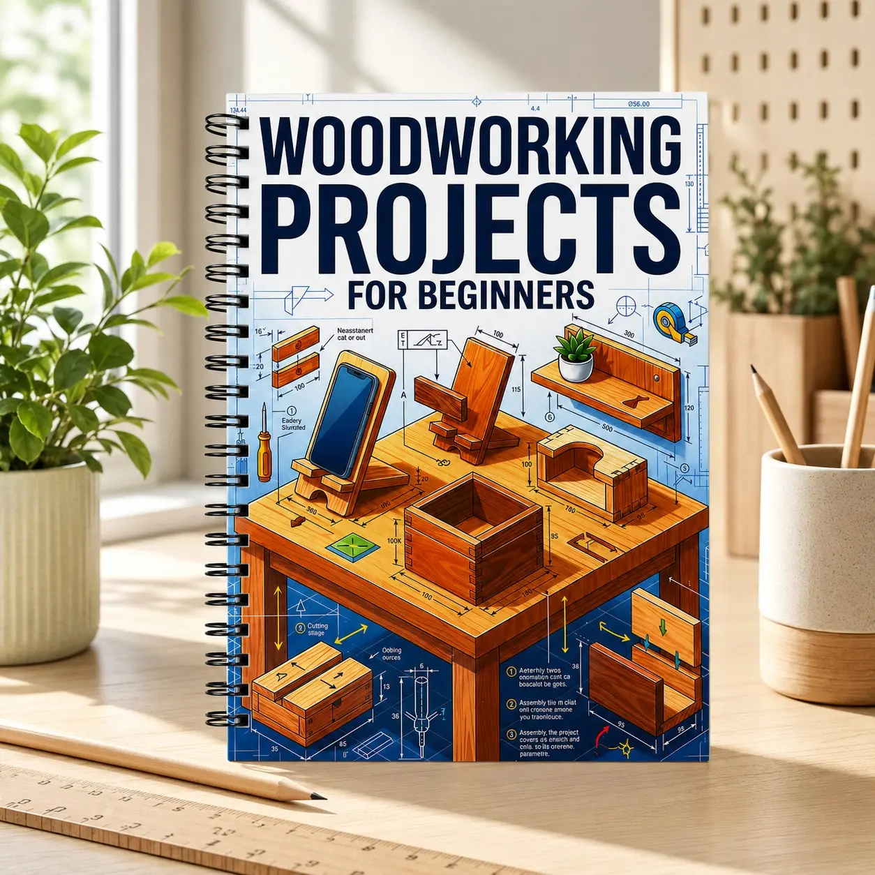 Woodworking Project Beginner Guide, Step-By-Step DIY Workshop Tutorial, Simple Woodcraft Plans, Detailed Blueprint, Portable Spiral Binding