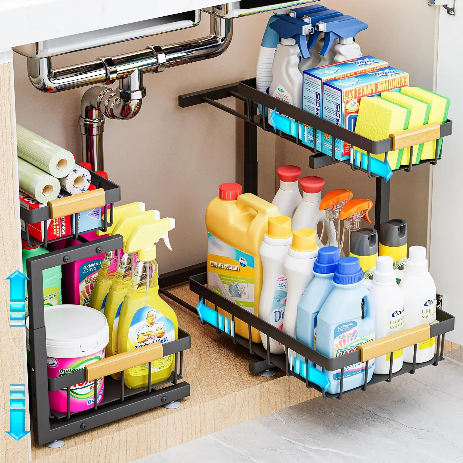 Under Sink Organizer, 2 Pack 2 Tier Expandable Height (13.2" - 17.2") Pull out Kitchen Bathroom Cabinet Organizers and Storage Shelf
