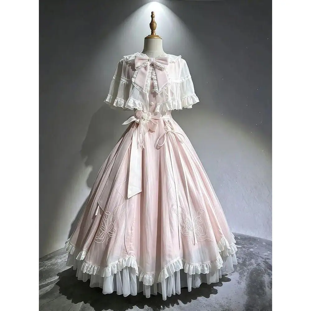Japanese Kawaii Sweet Lolita Pink Chiffon Ruffle Lace Bow Cape Maxi Dress Women Girls Waist Tie Embroidery For Summer Party Wear