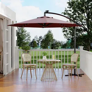 10x10 FT Solar LED Cantilever Patio Umbrella, Heavy Duty Offset Umbrella with Fade-Resistant Canopy, UV Protection, Easy Crank Lift & Infinite Tilt, Cross Base Outdoor Sun Shade for Deck Pool Garden Backyard, Claret