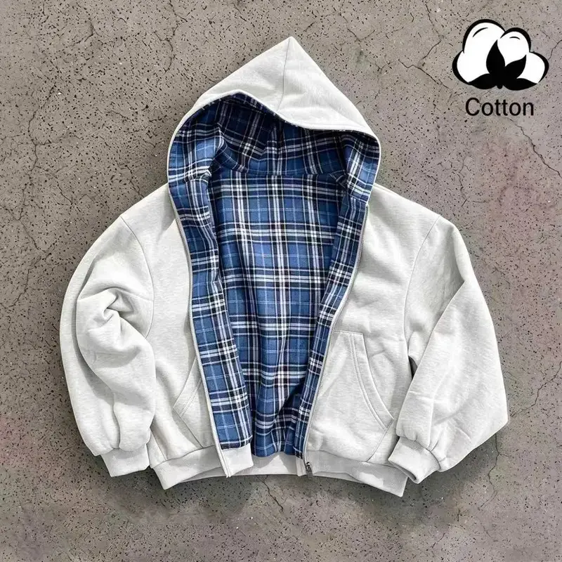YYT1 Unisex cotton zip-up hooded jacket, plaid reversible sweatshirt outerwear with pockets, loose-style design, suitable everyday wear, travel, and outdoor.