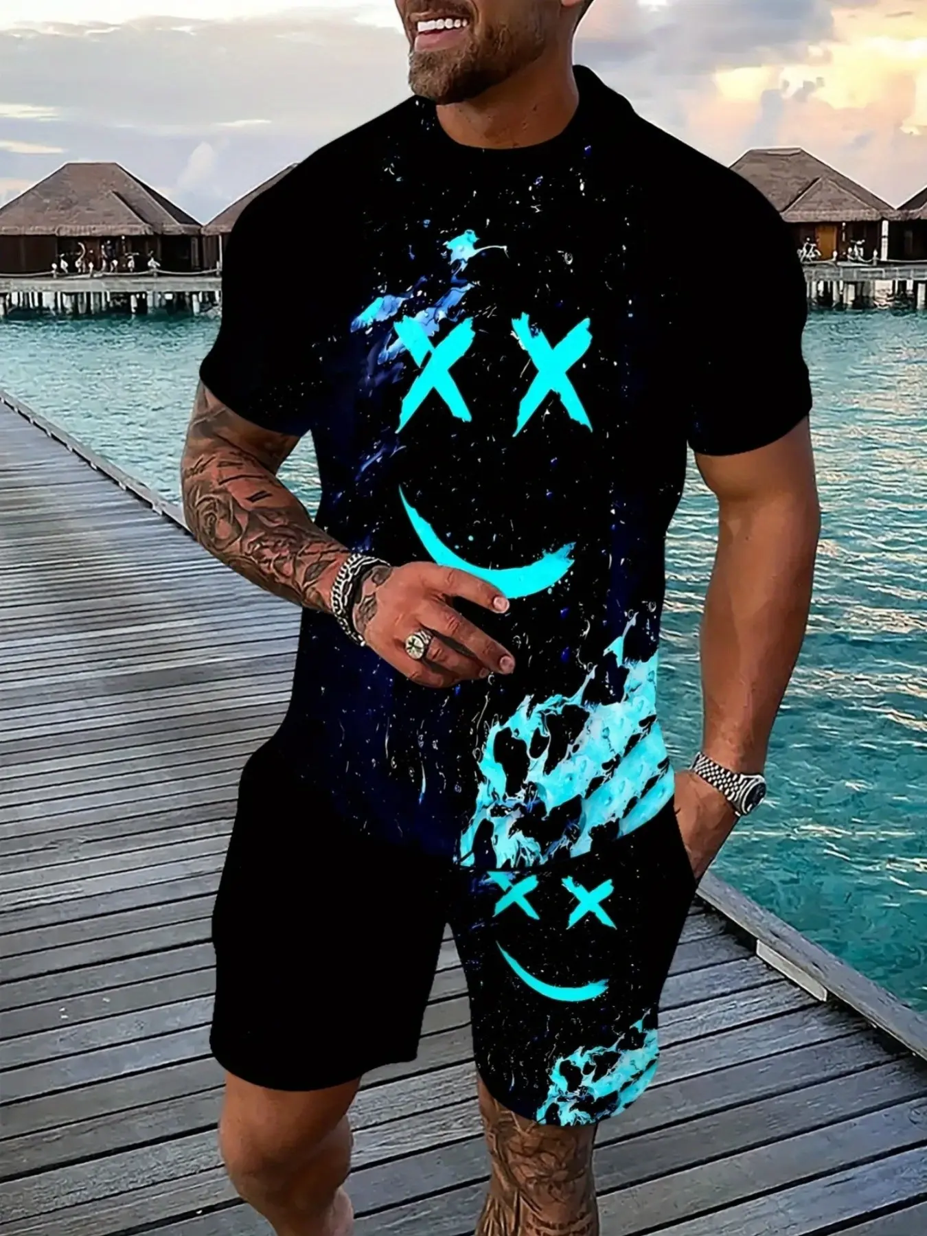 Hip hop trendy men's two-piece set, starry sky fluid smiley face print, street style personalized outfit, Streetwear