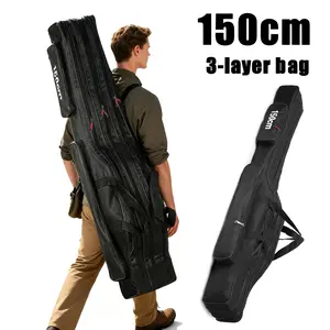 Three-Layer Fishing Rod Bag, Portable Foldable Design, 150cm/59.06in Large Capacity Fishing Pole Bag, Fishing Tackle Backpack, 1200D Oxford Fabric, Outdoor Gear Fishing Bag, Fishing Accessories for Outdoor, Ideal for Fishing, Camping, Hiking