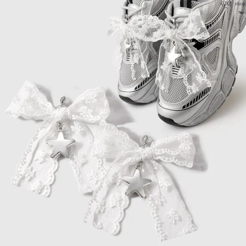 White Lace Bow Shoe Charms with Silver Star, Coquette Aesthetic Sneaker Shoelace Decor Clips Shoe Pendants for Women Girls
