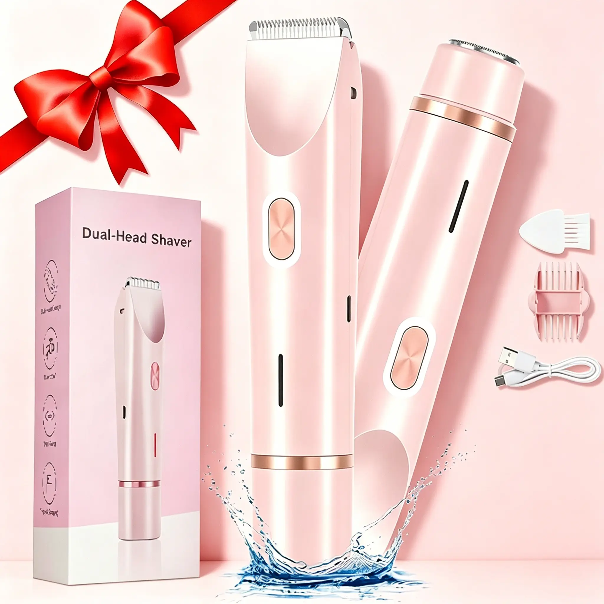 Electric Trimmer for Women, Multifunctional Hair Trimmer, Rechargeable 2-in-1 Electric Shaver and Razor for Body, Dual Heads for Painless Trimming of Pubic Hair, Face, Underarms and Legs, IPX7 Waterproof, Christmas and New Year Gift