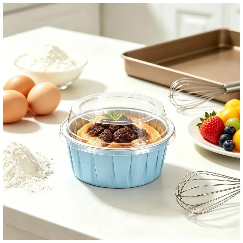 100Pcs 5oz Disposable Aluminum Foil Bakeware Cups with Lids, Mini Individual Dessert Containers for Cheesecake, Pudding, Cupcake, Catering Supplies for Wedding Party Gatherings, Blue-100Pcs