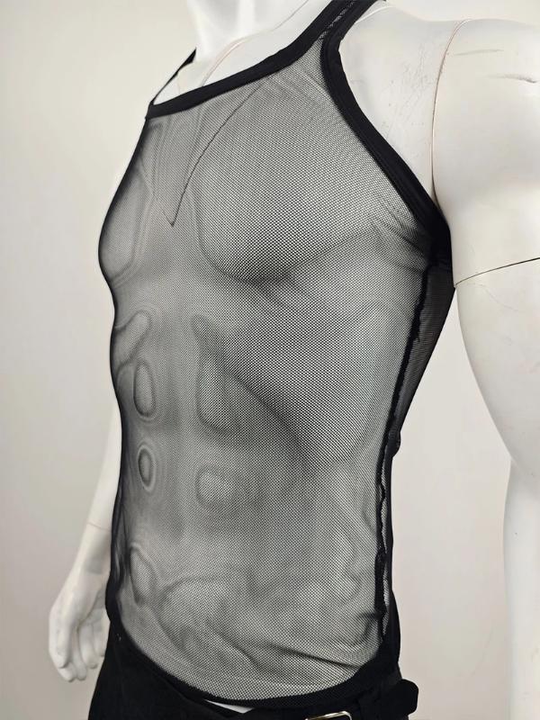 Kyn Apparel Men's Sexy Mesh Sports Tank Tops Chic Hollw Out O Neck Sleeveless T-shirt Breathable Solid Color Crop Vests Summer Fitness Tops