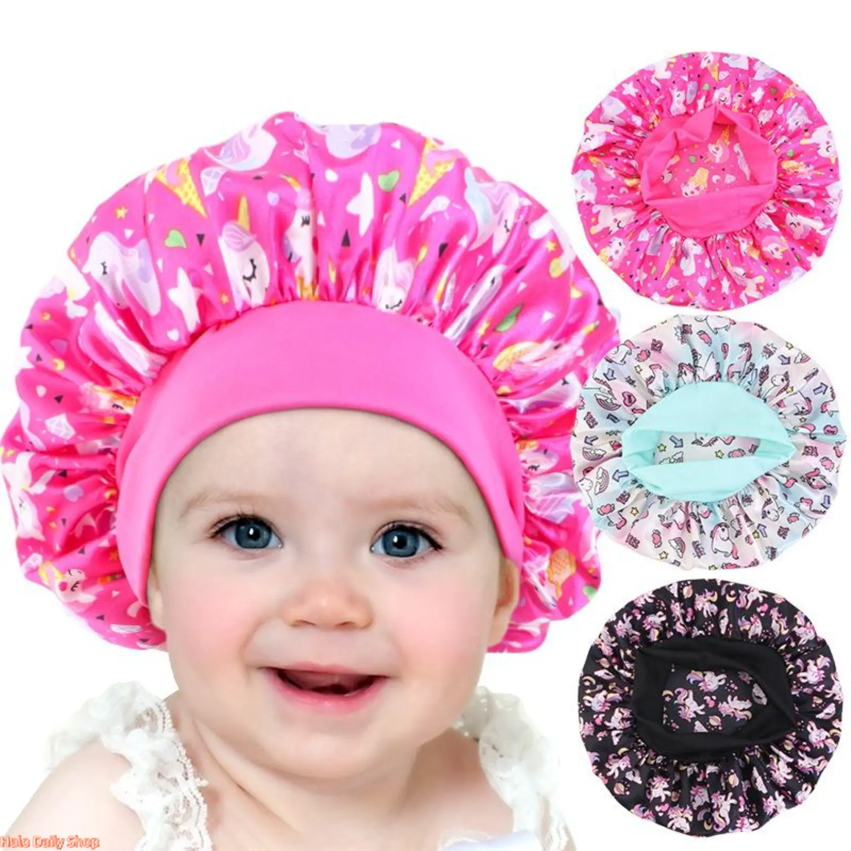 Toddler Girls' 3pcs Silk-Like Satin Bonnet Set - Cute Unicorn Print Sleep Cap with Wideband for Full Head Coverage, Night Hair Care & Protection, Polyester, Prop 65 Safe