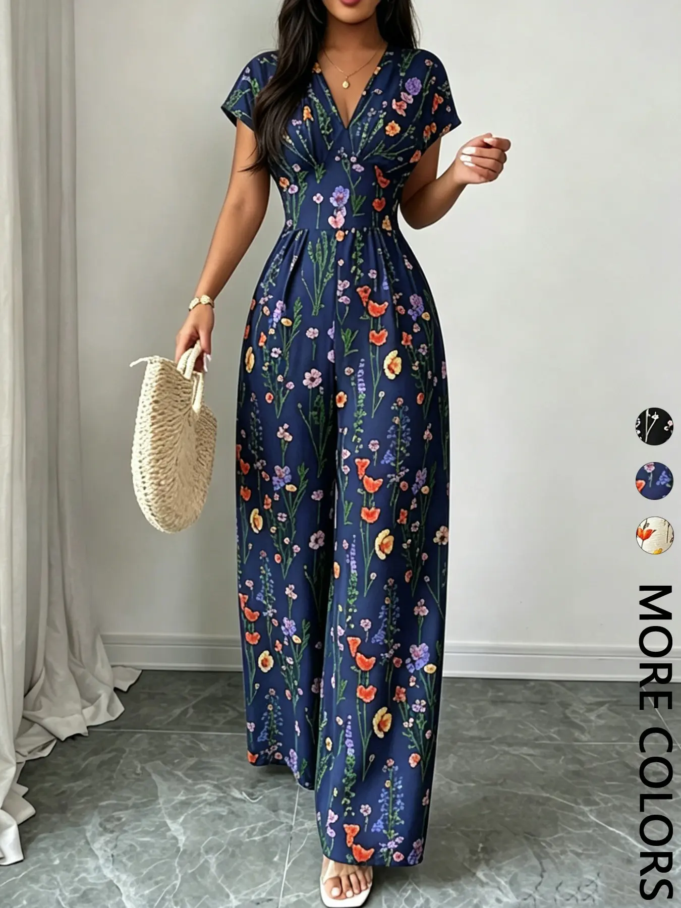 Women's Floral Print V-Neck Short Sleeve High-Waisted Jumpsuit, Elegant Loose-Fit One-Piece for Vacation, Beach, Casual Wear