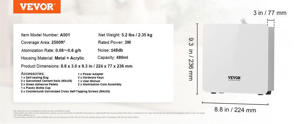 VEVOR Scent Air Machine for Home, 480ML with Cold Air Technology, Waterless Smart Essential Oil Diffuser, Cover Up to 2500 Sq.Ft for Large Room, Hotel, Spa, Business Office