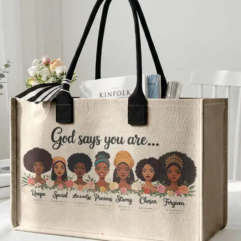 1 Pack Black Women Portrait 'God Says You Are' 2D Printed Large Capacity Storage Bag, Sturdy Handle, Space-Saving Multifunctional Design, Ideal for School, Business Trips and Shopping, Printed Tote Bags, Casual Fashion Bag, Everyday Bags