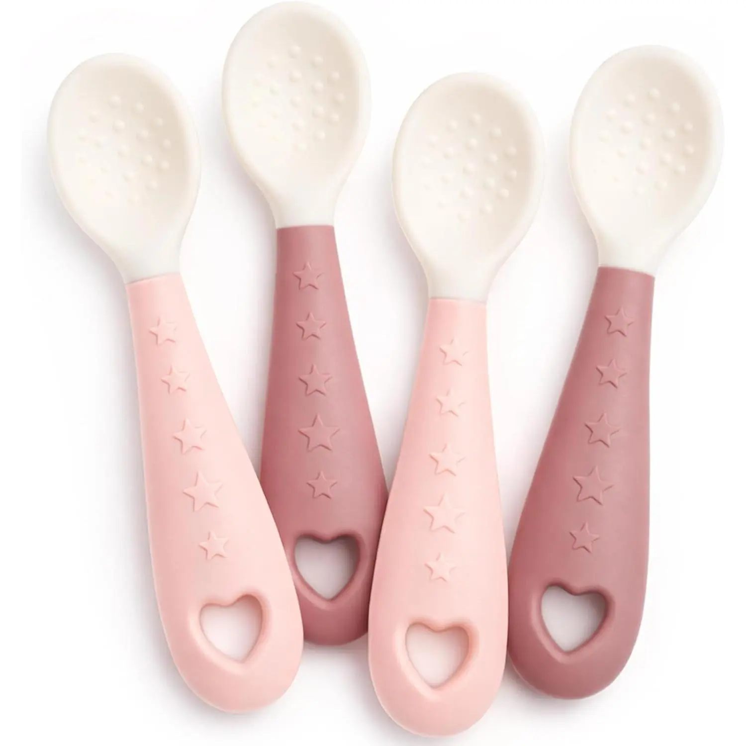 4-Pack Silicone Baby Spoons, Soft Gum-Friendly First Feeding Spoons for Babies, Baby Feeding Utensils Essentials, Easy-Grip Handle, BPA Free, Dishwasher Safe, 2 Pink 2 Purple