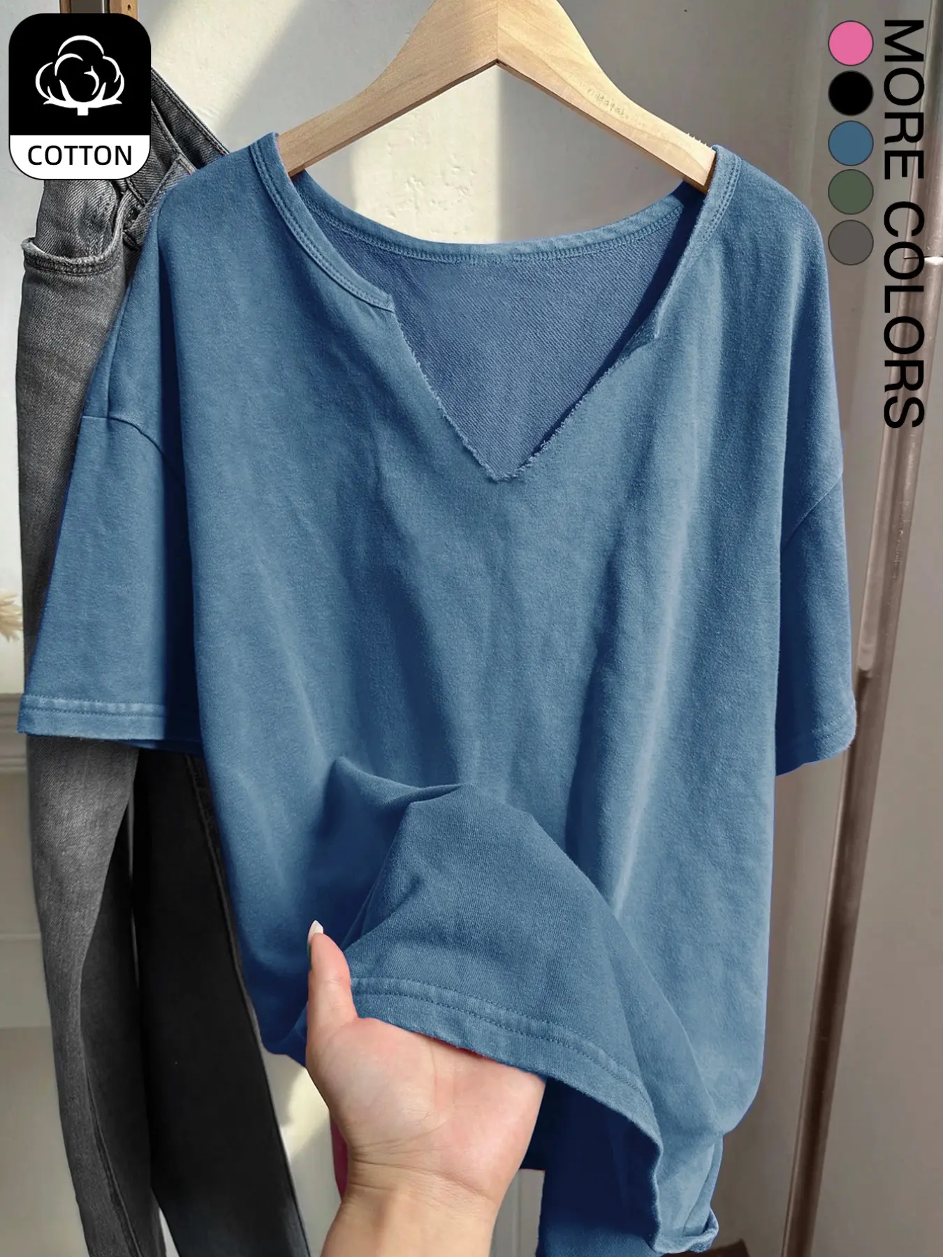 Women’s Loose V‑Neck Acid‑Wash Knit Short‑Sleeve T‑Shirt, Vintage Distressed Day Casual Top, Lazy Oversized Fit, Slimming Hide Fat, Soft Breathable Knit Tee, Daily Commute Shopping Date Outfit