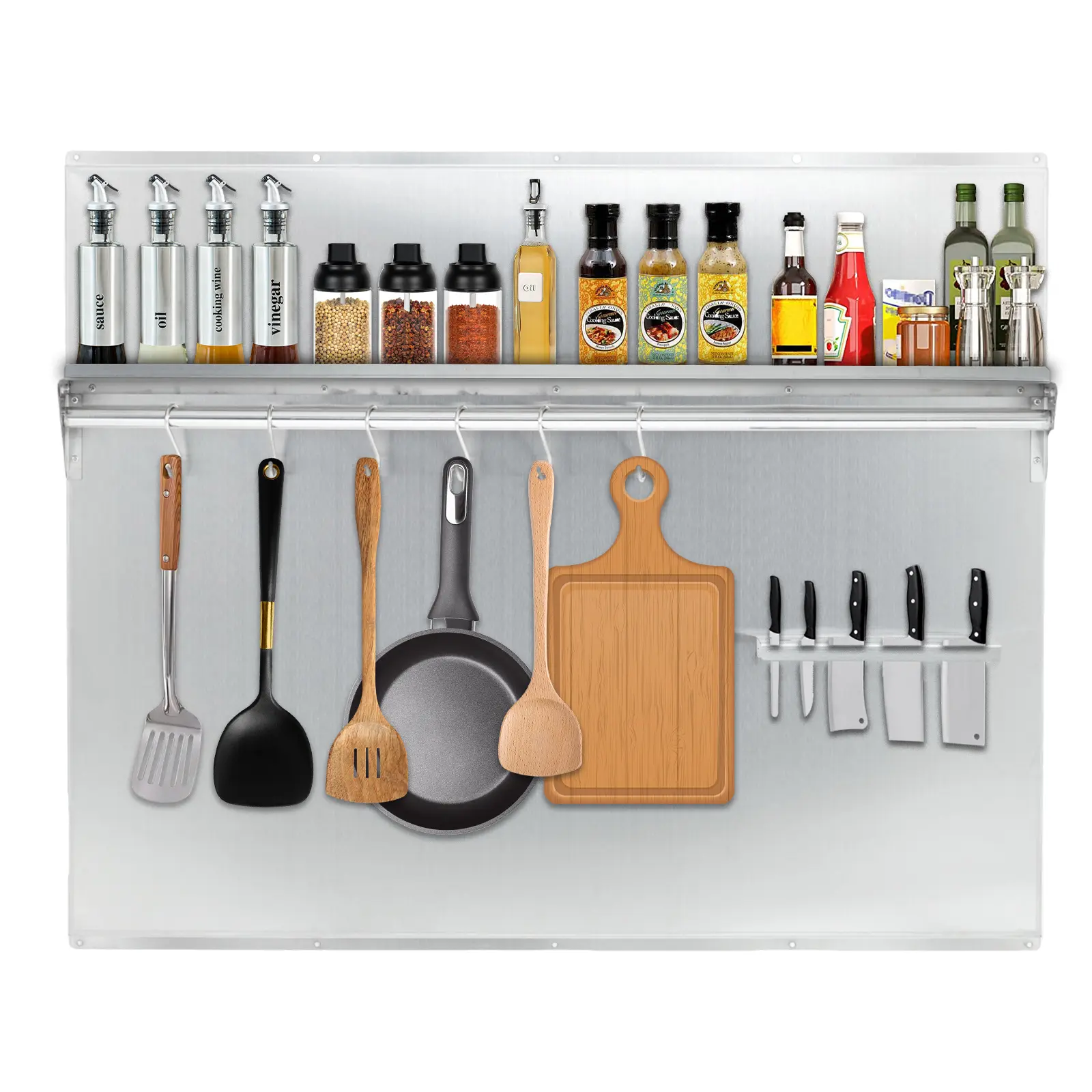 Brushed Stainless Steel Stove Backsplash with Storage Shelf, Built-In Knife Holder & 6 S-Hooks, Wall-Mounted Range Splash Guard with Pre-Drilled Holes, Easy-Clean Kitchen Organizer for Home, Restaurant or Food Truck, 5 Sizes from 24x30 to 36x29.5 in