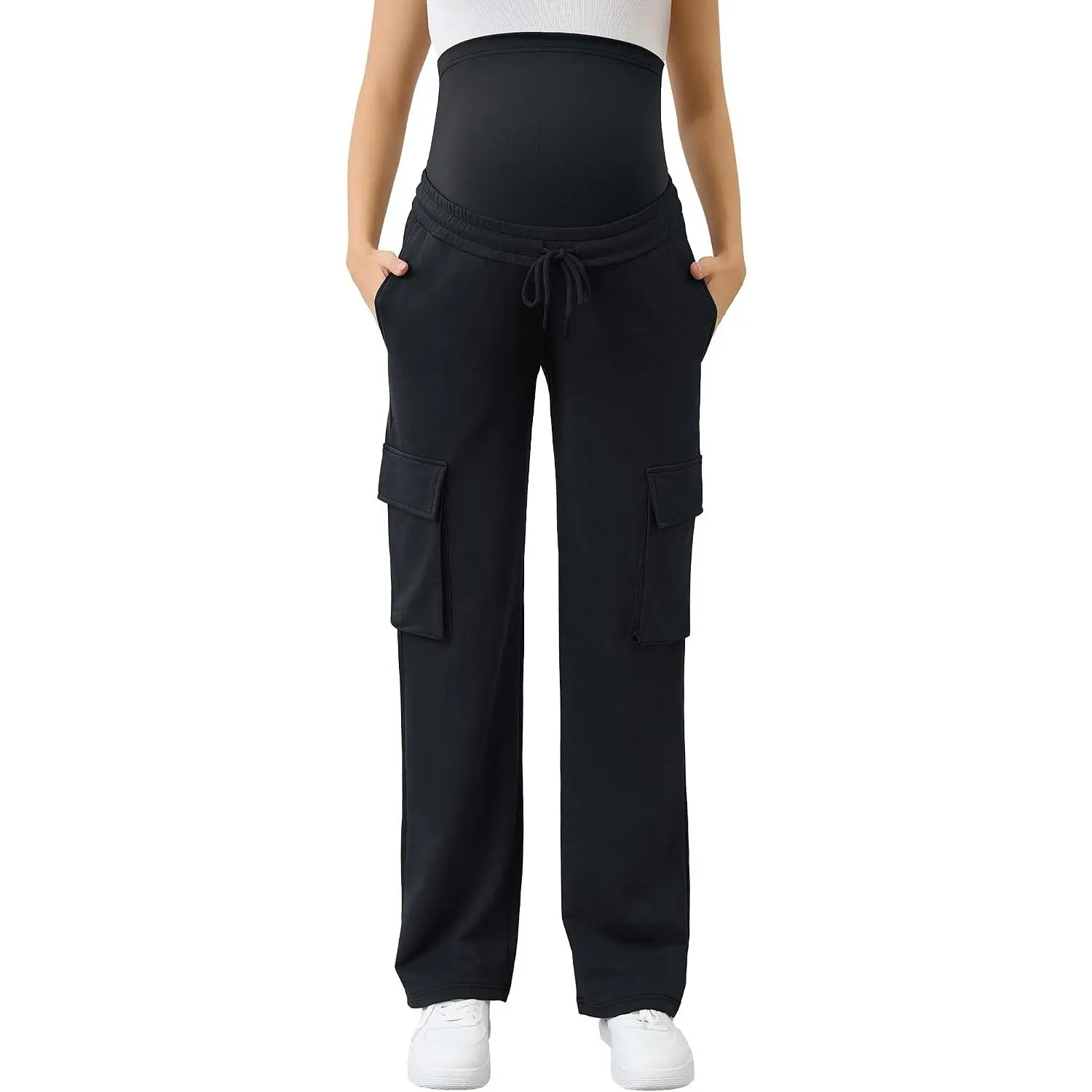 Women's Maternity Cargo Pants Sweatpants Over The Belly Casual Comfy Drawstring Pregnancy Pants with 4 Pockets