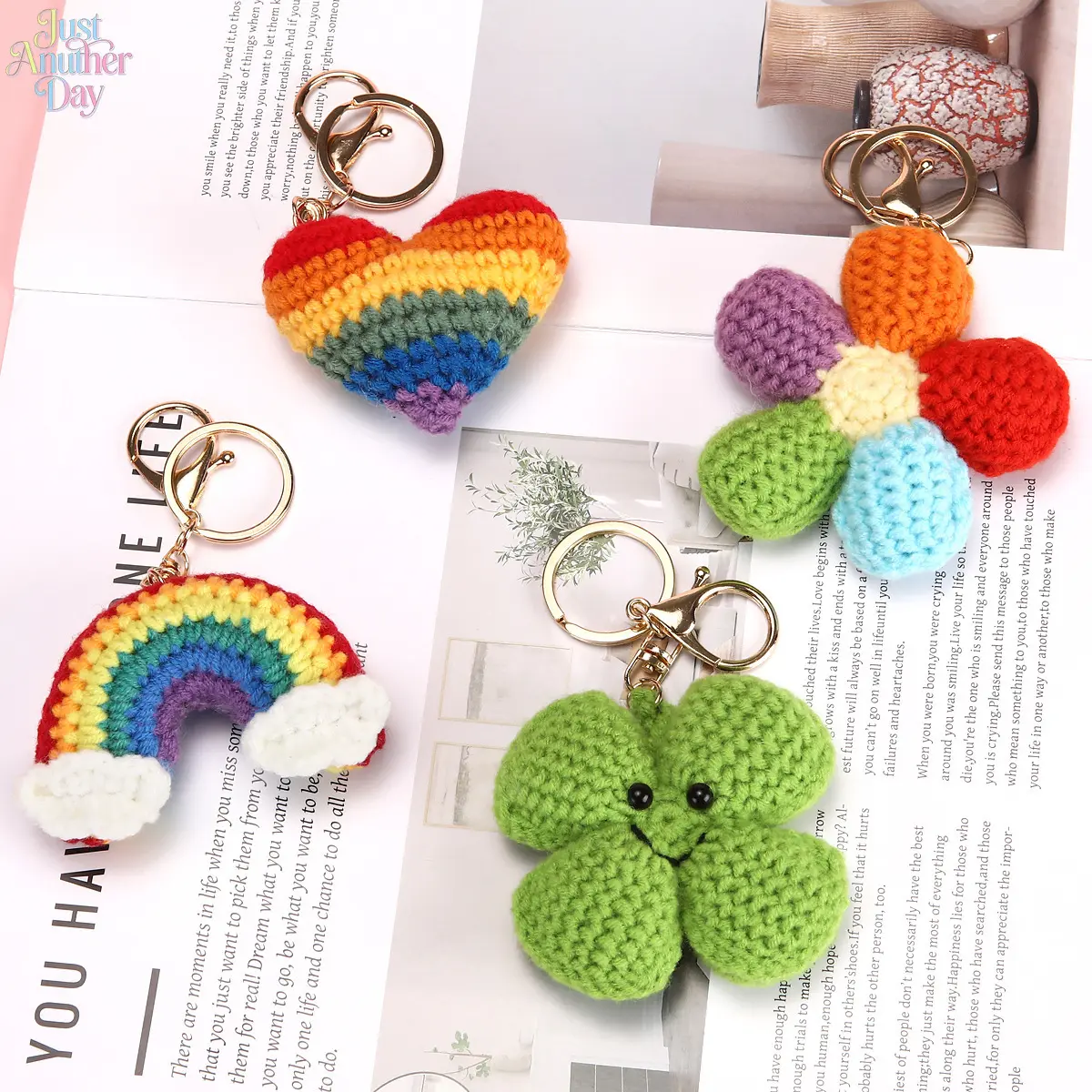 Handmade Crochet Keychain Set, Knitted Rainbow Heart, Cloud Rainbow, 5-Petal Flower & Lucky Clover Bag Charms, Cute Woven Keyring Accessories for Keys & Backpacks, Ideal Small Gifts