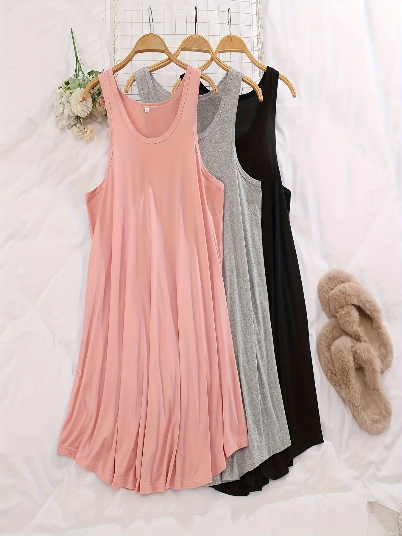 3-Piece Basic Comfortable Tank Top Nightgowns, Ideal for Spring and Summer, Cozy Home Wear Casual Loungewear Sleepwear Dresses, Soft and Relaxing