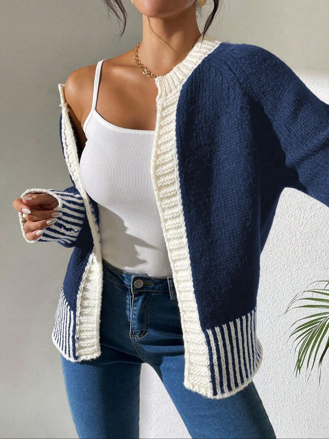 Women's Striped Print Contrast Binding Raglan Sleeve Cardigan, Casual Long Sleeve Open Front Knitwear for Fall & Winter, Fashion Women's Knit Clothing for Daily Wear Women's Striped Print Contrast Binding Raglan Sleeve Cardigan, Casual Long Sleeve Open Front Knitwear for Fall & Winter, Fashion Women's Knit Clothing for Daily Wear