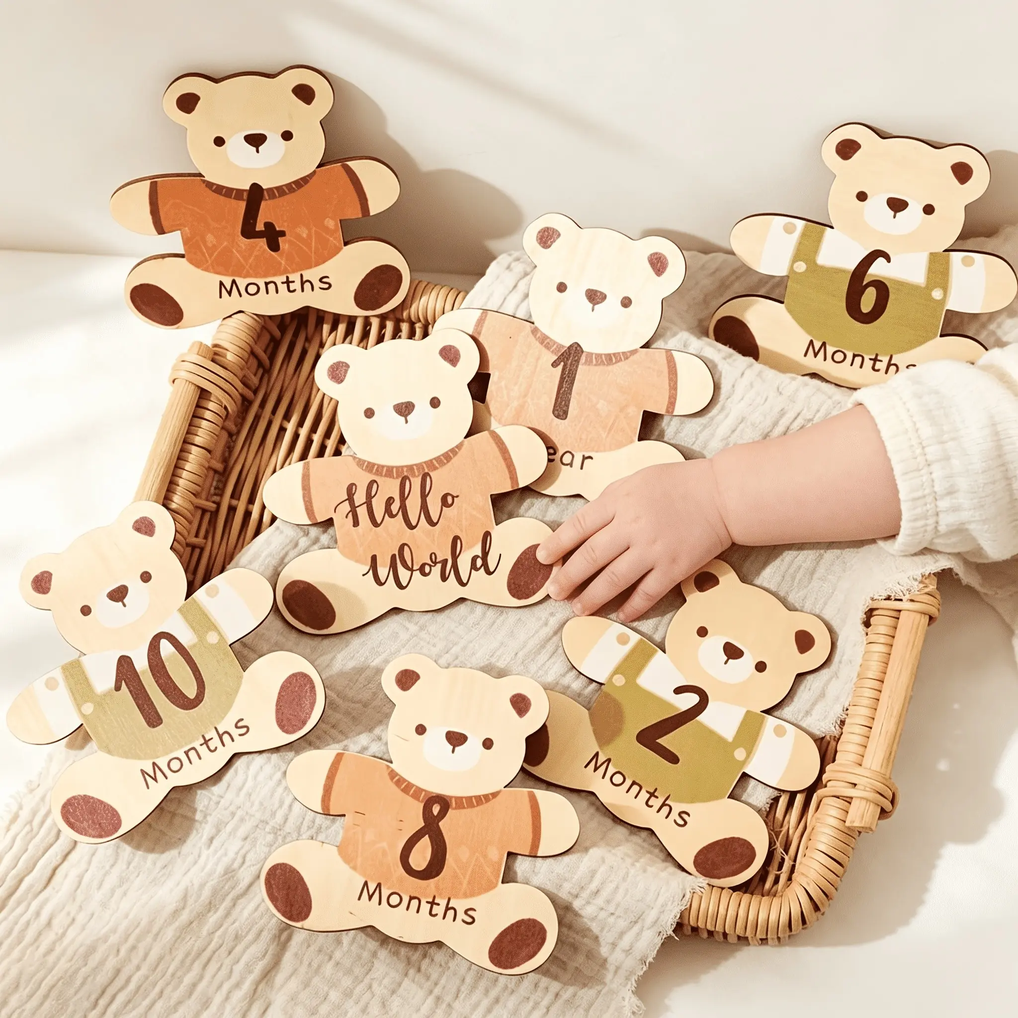 7-piece set of wooden bear baby milestone cards - double-sided printing, newborn monthly growth photo props, baby month record commemorative wooden plaque, baby gift items, Decor, Signs