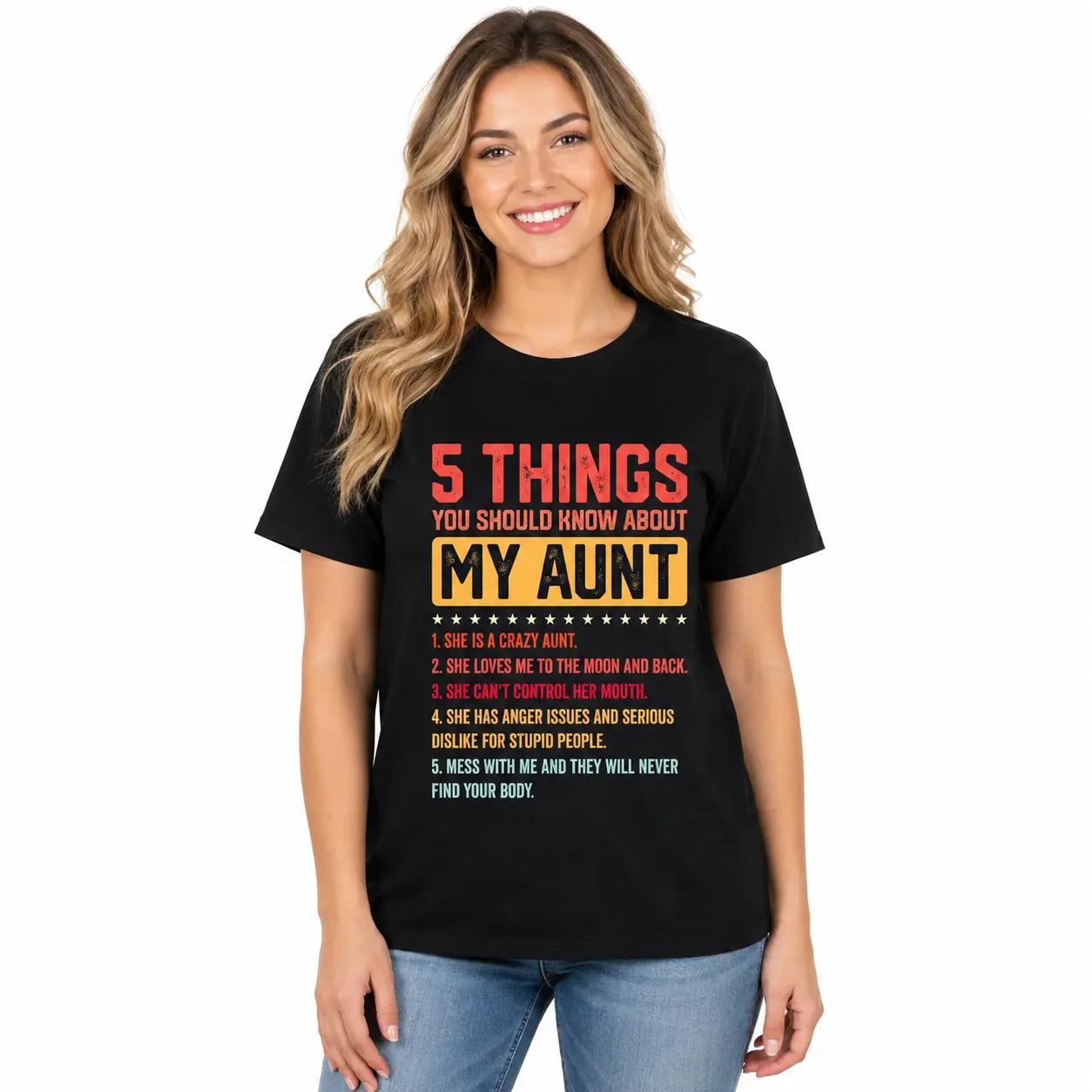 T-Shirt for Women with Funny '5 Things About My Auntie' Graphic, Casual Round Neck Top in 100% Soft Cotton, Relaxed Fit, Tshirt