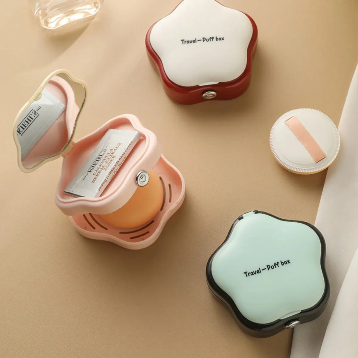 Portable Travel Foundation Sponge Storage Box, High Aesthetic Student Breathable Mirror Included, Dust-Proof Makeup Organizer, Makeup Tool Organizer