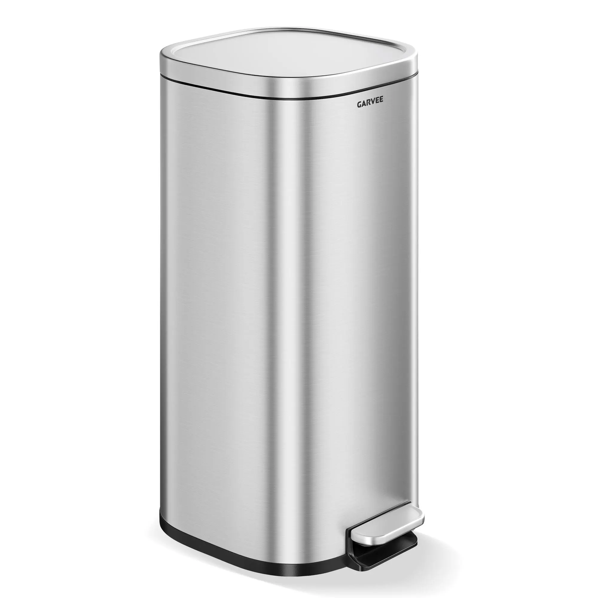 Garvee Modern Soft-Close Kitchen Trash Can 30L – Square Stainless Steel Bin – Durable Construction, Thick Silent Lid, Powder Coated Finish, Removable Inner Bucket, Strong Pedal – Ideal for Waste & Recycling