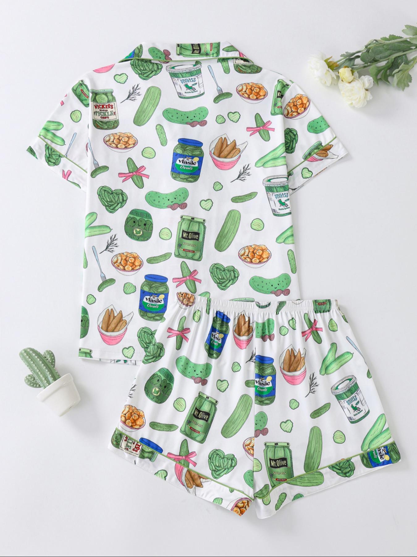 2-Piece Vegetable Print Women's Pajama Set, Button-Up Short Sleeve Top and Comfortable Shorts, Elegant Sleepwear for All Seasons