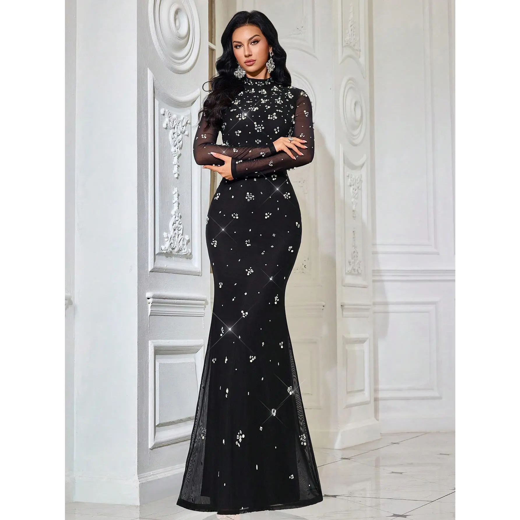 Mock Neck Long Sleeve Scattered Floral Beaded Mermaid Formal Dress