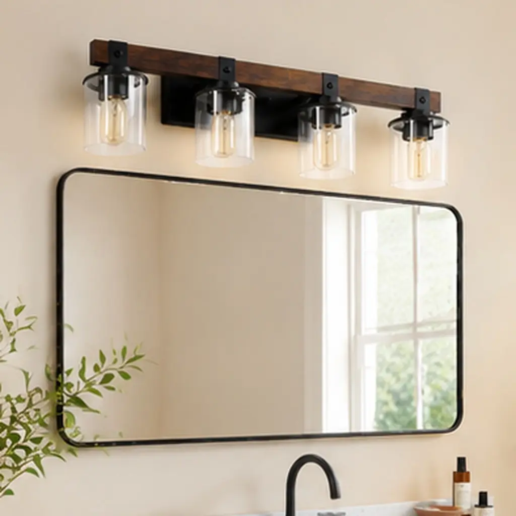 ARCH Farmhouse Vanity Light Fixture 4-Light Bathroom Wall Sconce with Black Metal Frame and Walnut Wood Accents Clear Glass Shades for Bathrooms Washrooms Kitchens Dining Rooms Hallways Living Rooms Entryways Bedrooms Offices No Bulbs Included
