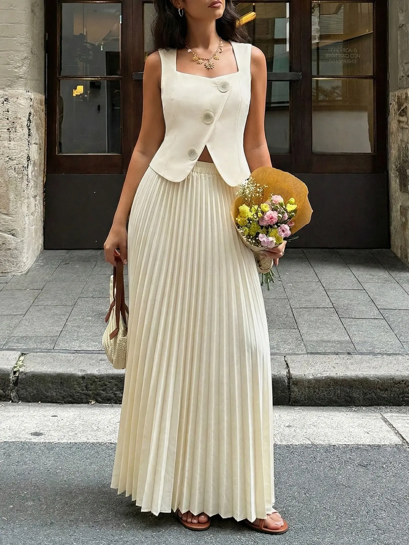 Women's Summer Daily French Elegant Commuter Style Square Neck Diagonal Buttons Waist Cinch Vest Pleated Skirt Set Slim Trendy Chic Casual Elegant Youthful Simple Versatile Texture Stylish Literary Clothes Skirt Top Sets