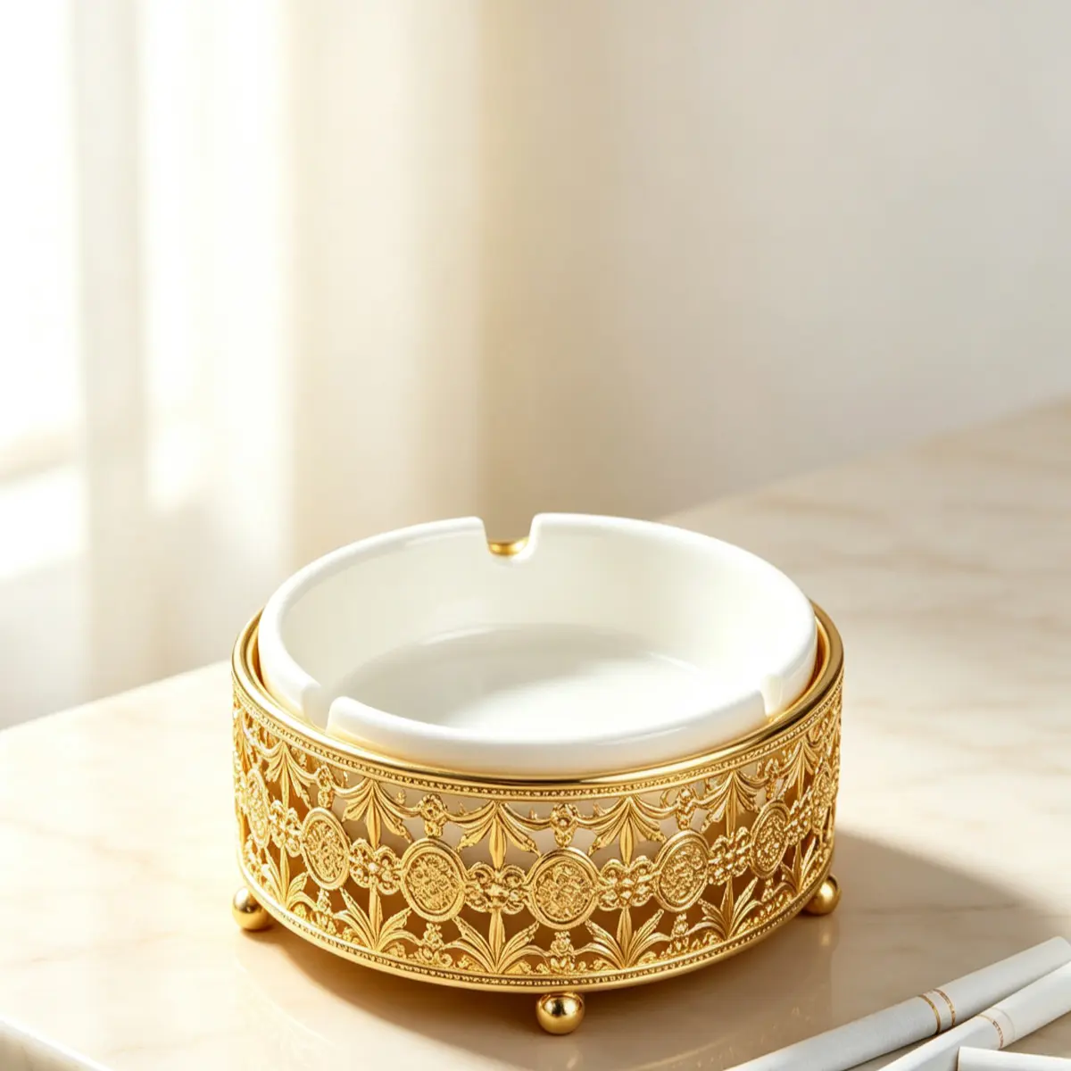 Round Ashtray, Vintage European Luxury Style, Detachable Ceramic Liner, Metal Frame, Floral Pattern, Ball Base, Desktop Decor