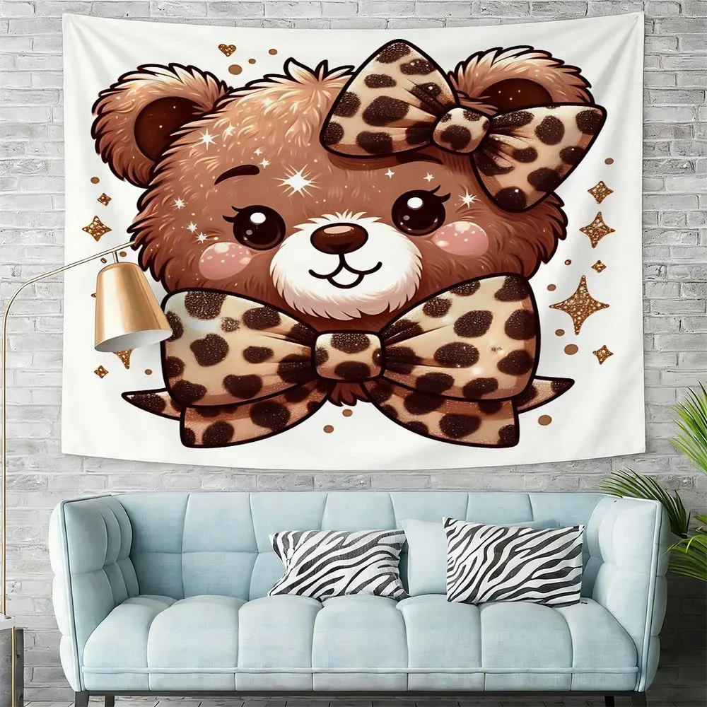 Cute Cartoon Brown Bear Wall Tapestry, Fluffy Digital Print Wall Hanging, Adorable Home Decor for Kids’ Rooms, Cheerful Bear with Leopard Bow and Magical Stars, Perfect Wall Art for Bedroom and Playroom, Cozy and Whimsical Tapestry Decoration