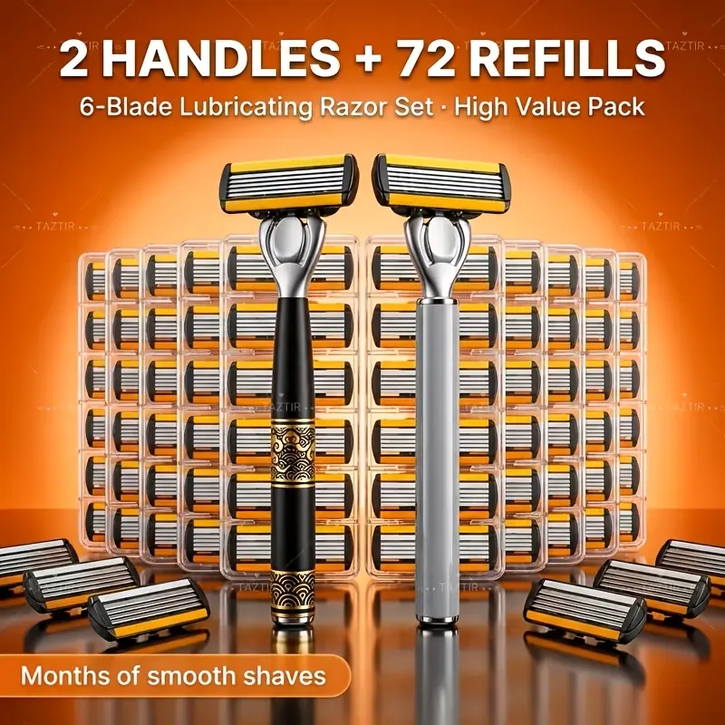 Men's 6-Blade Shaving Set, 2 Premium Handles, 72 Replacement Blades, Smooth Shave, Ergonomic Non-Slip Handle, Durable Sharp Blades, Travel Friendly