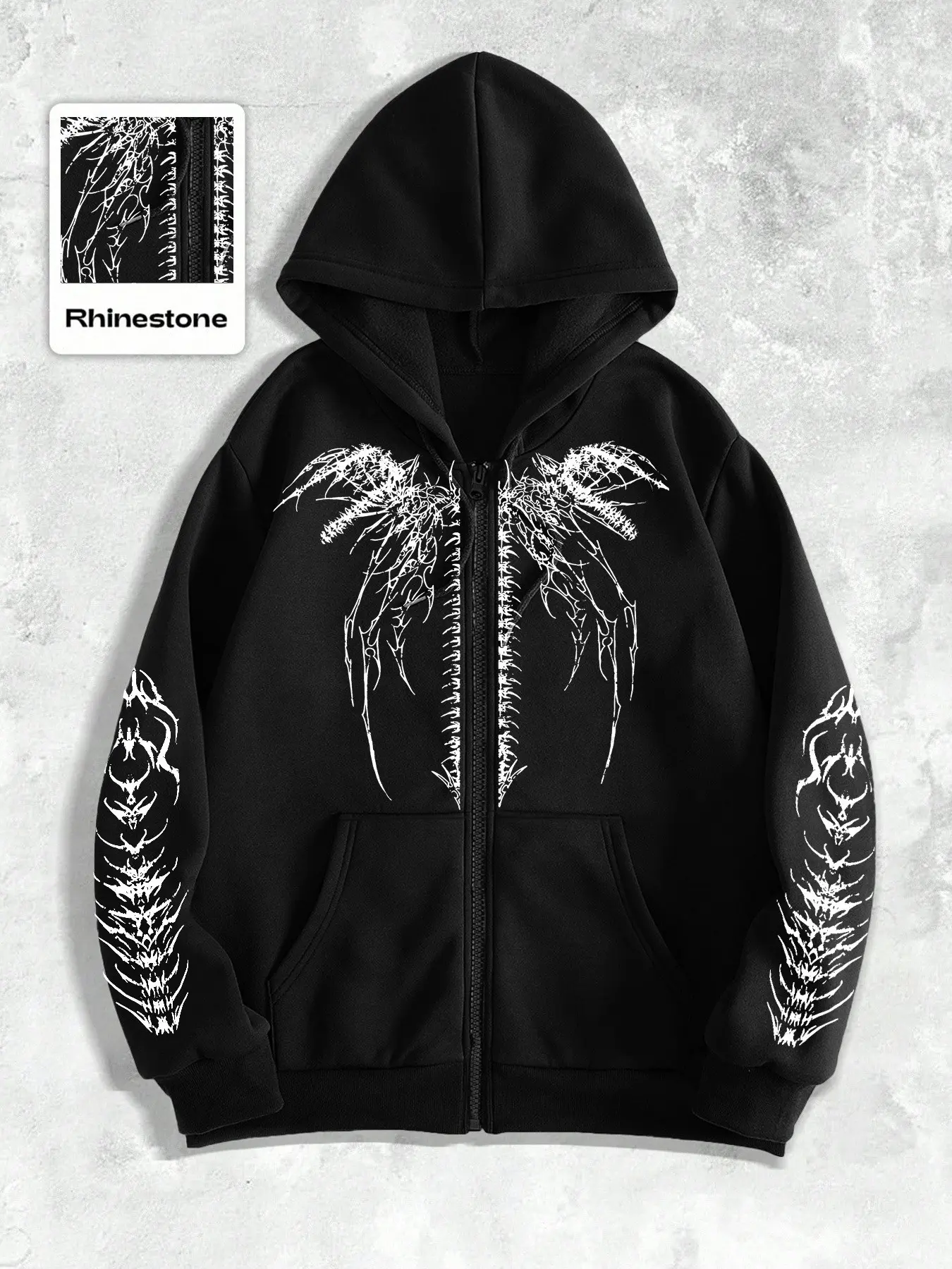 Jagged Spider Symmetrical Print Zipper Hoodie, Pure Subculture Long Sleeve Open Front Top, Unique Fall Casual Loose Fit