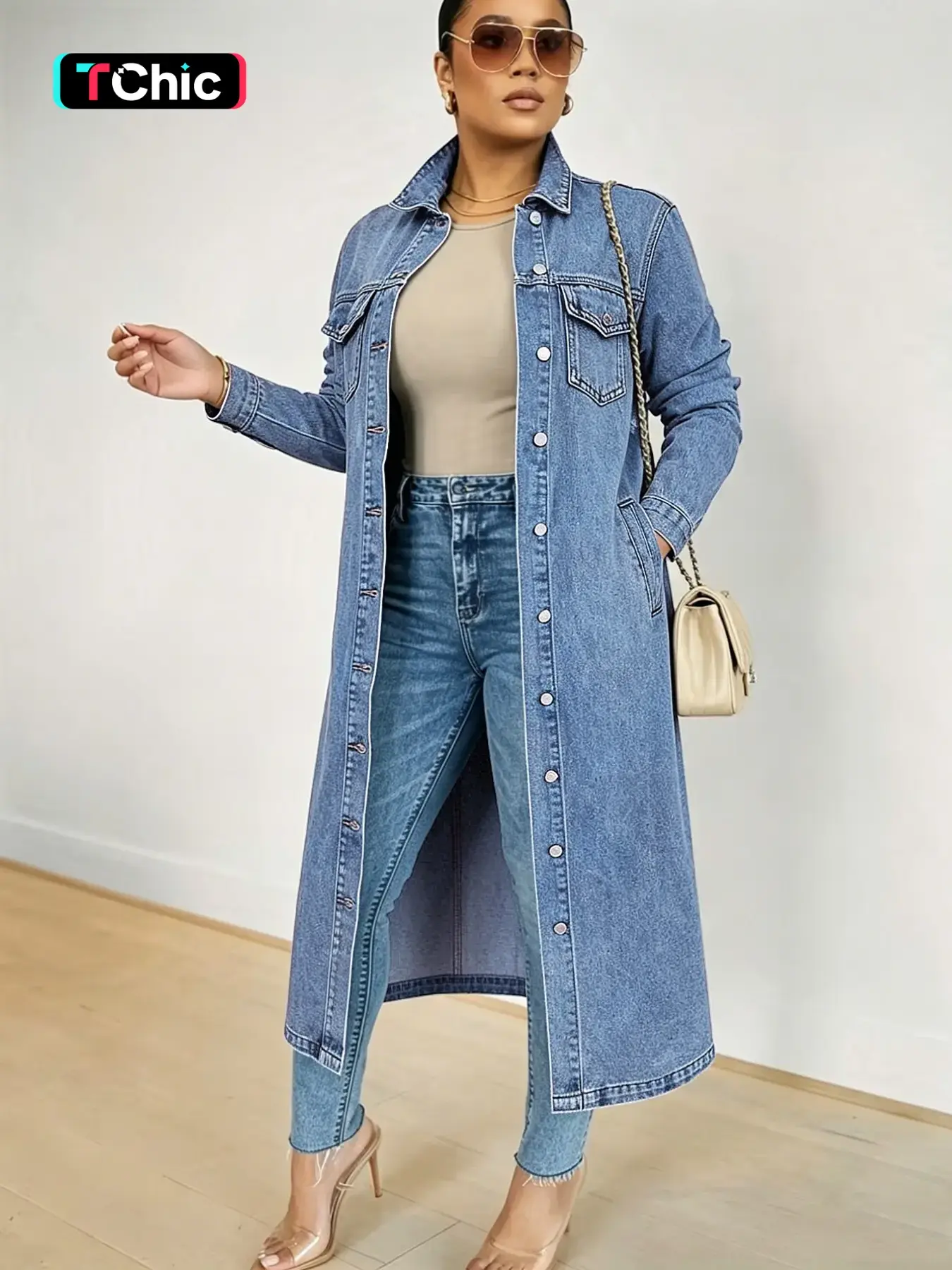 Women's Button Front Denim Coat, Elegant Casual Long Sleeve Denim Jacket for Spring & Fall, Women's Clothing for Daily Wear, Jean Denim Jacket